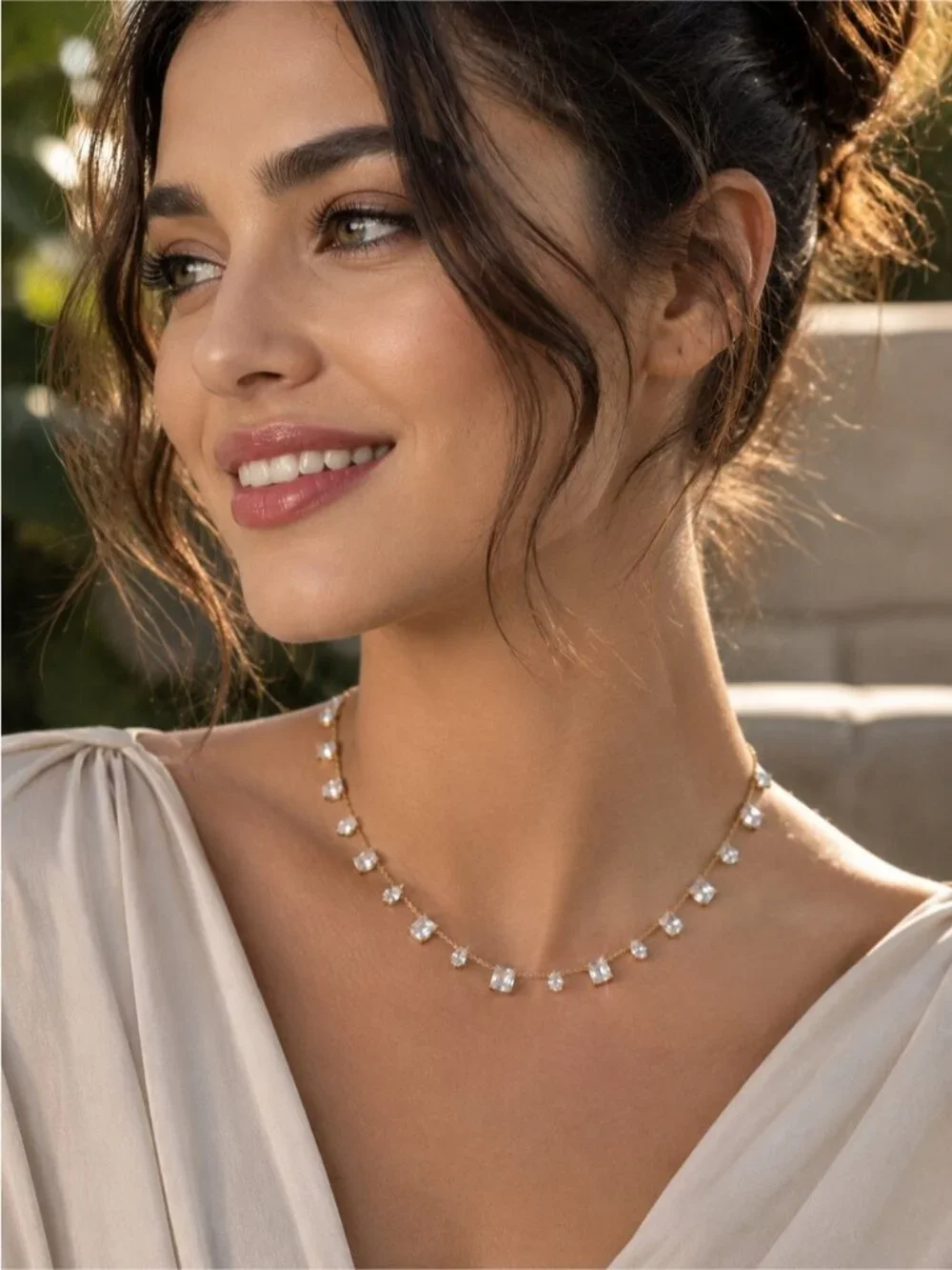 Gold Necklace with Clear Crystal Drops